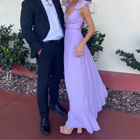 Lulu’s Lilac Ruffled Open-Back Evening Gown - Picture 2 of 9